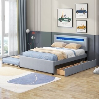 Queen Size Upholstered Storage Platform Bed with Twin Size Trundle