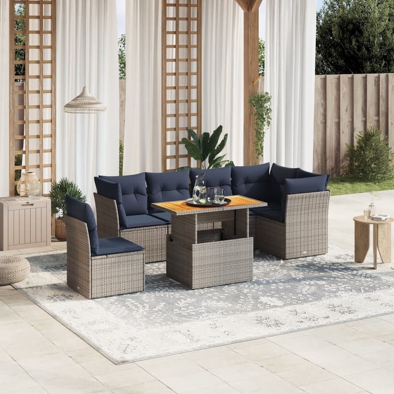 vidaXL 7 Piece Patio Sofa Set with Cushions Gray Poly Rattan - 24.4" x 24.4" x 27.2" - Gray Table + 3x middle + 3x corner