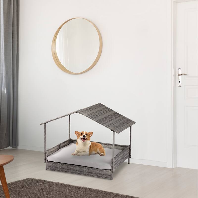 Elevated Rattan Dog Bed with Canopy and Washable Cushion Cover Perfect for Small Dogs - 31.3”L x 26.6”W x 24.4”H