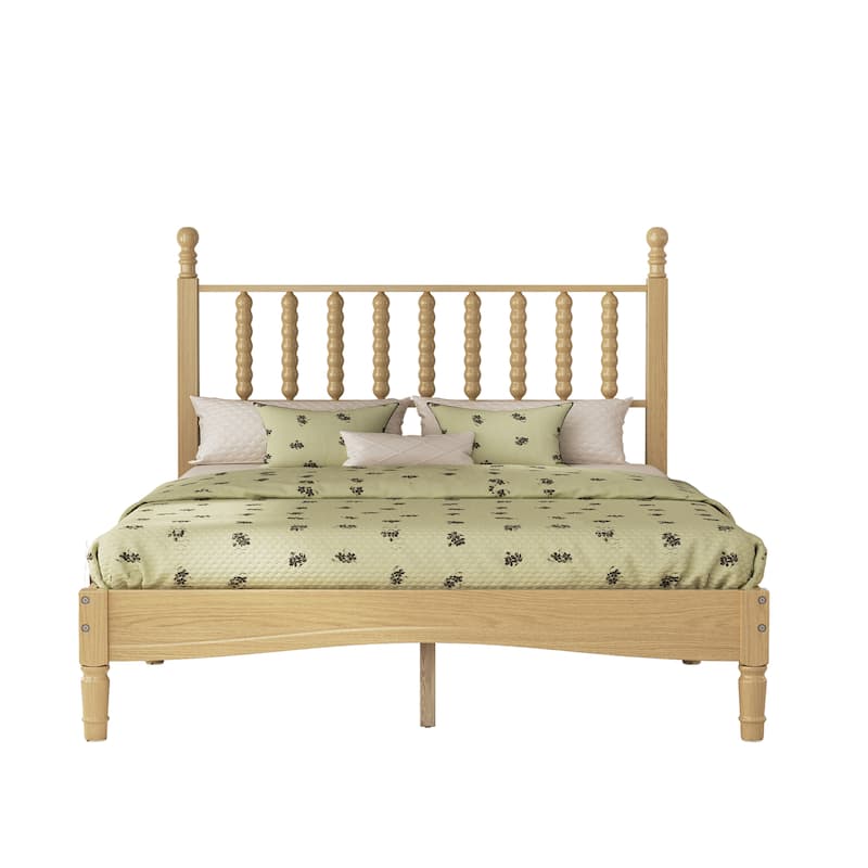 King/Full Size Wood Platform Bed with Gourd Shaped Headboard - Retro Style Wooden Slat Support Bed Frame