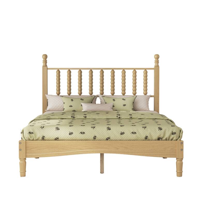 Retro Style Wood Low Profile Platform Bed with Wooden Slat Support and Gourd Shaped Headboard, No Box Spring Needed