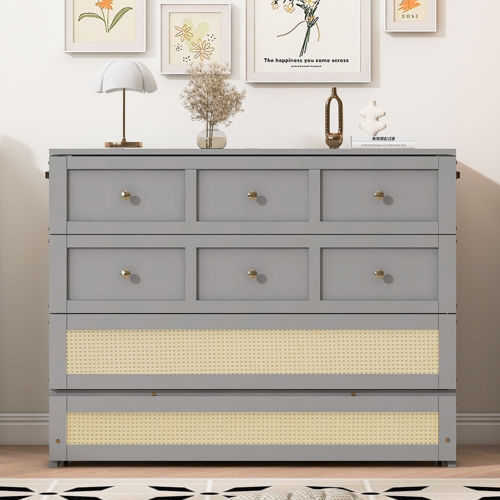 Convertible Foldable Murphy Bed Full Size Wall Cabinet Bed with Storage Drawers, Golden Handles and Rattan Weaving Accents