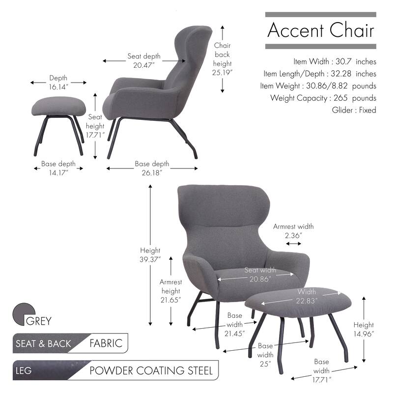 Porthos Home Autry Fabric Wingback Accent Chair and Ottoman Set with Steel Legs