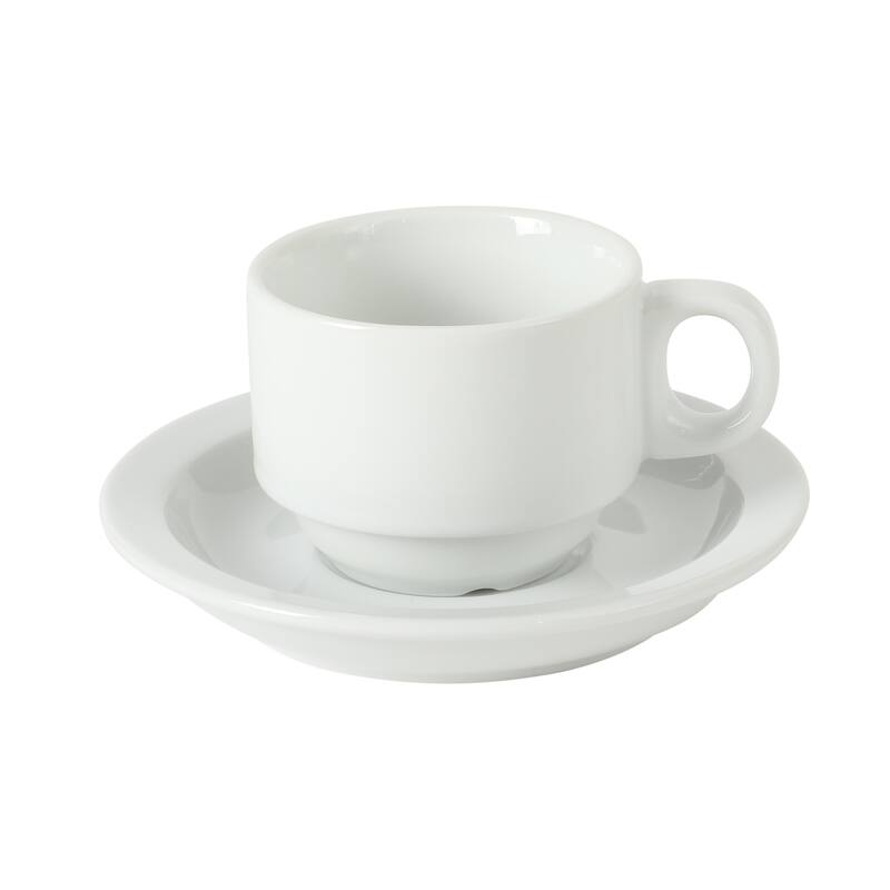 Gibson Home Gracious Dining Cups and Saucers Set of 4, Stackable Coffee Set with Metal Stand for Espresso and Cuppuccino