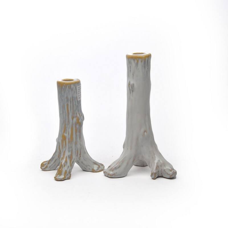 Set of Two Shabby Chic Glazed Gray Candlesticks