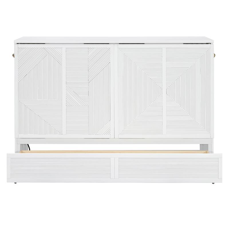Wood Murphy Bed with Large Drawer, Murphy Cabinet with Foldable Panel, Living Room Murphy Cabinet Bed with USB Ports and Outlets