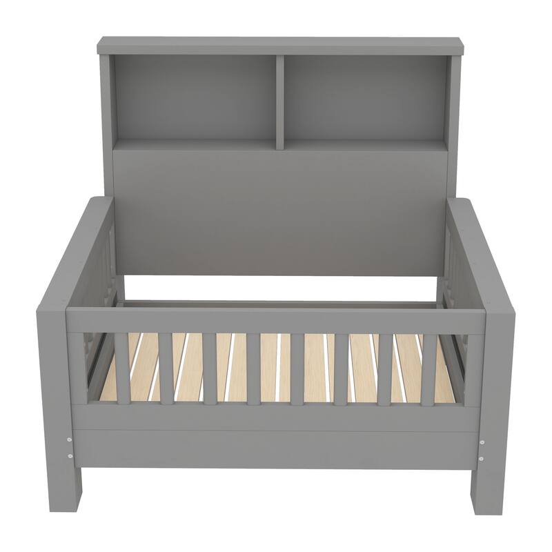 Pull Out Twin Size Platform Bed Converted into Baby Crib and Sofa with Storage Headboard and Removable Footboard