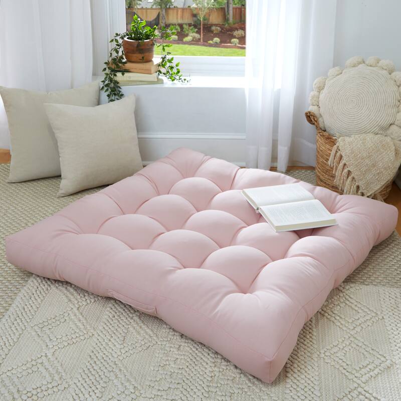 Sorra Home Large Solid Square Tufted Floor Pillow with Handle - 40 in x 40 in x 5 - Blush Pink