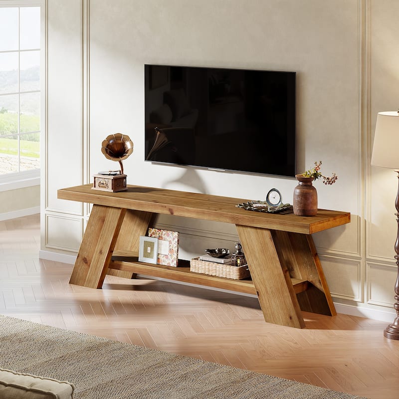 Solid Wood TV Stand for 55/60/65-inch TVs, Entertainment Center with 2 Tier Shelf