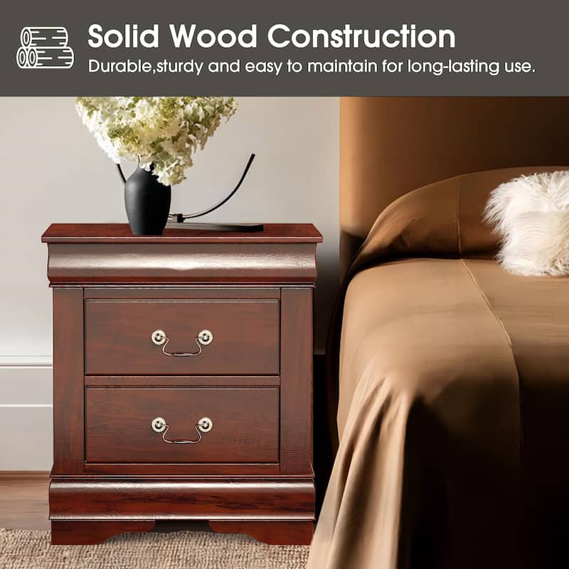 Modern Dark Cherry Solid Wood 2-Drawer Nightstand Bed Side Table
