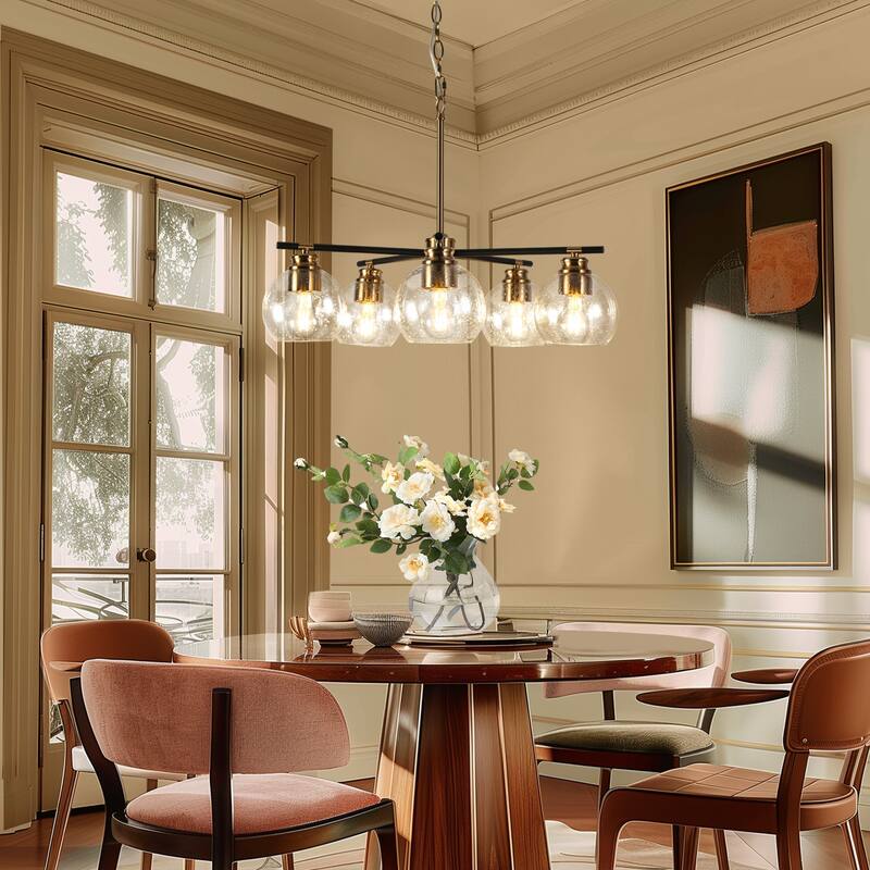Modern 5-Light Black Gold Chandelier Seeded Glass Pendant Lights for Dining Room