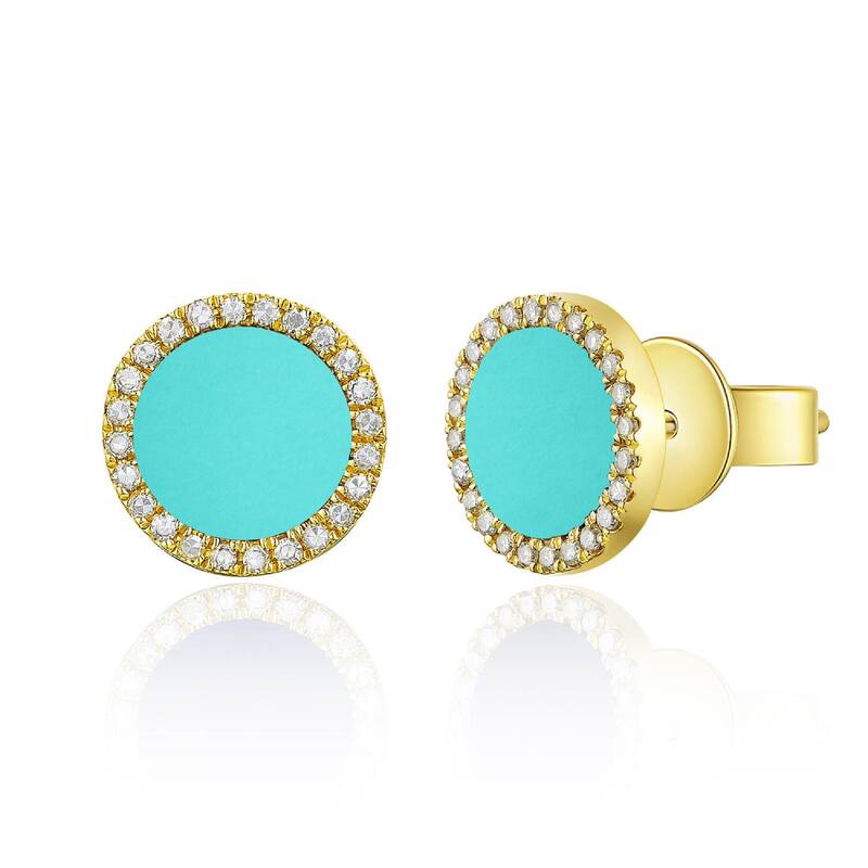 Joelle Collection Diamond & Turquoise Circle Disc Studs Earrings 14K Gold 1/10ct TDW - Yellow - Yellow