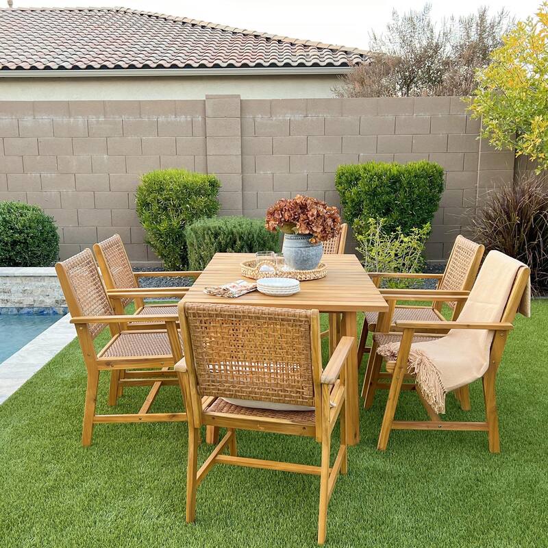 MAISON ARTS 5/7/9-Piece Acacia Wood Outdoor Dining Set, Teak Wooden Table & Dining Chairs with Wicker Seat and Back