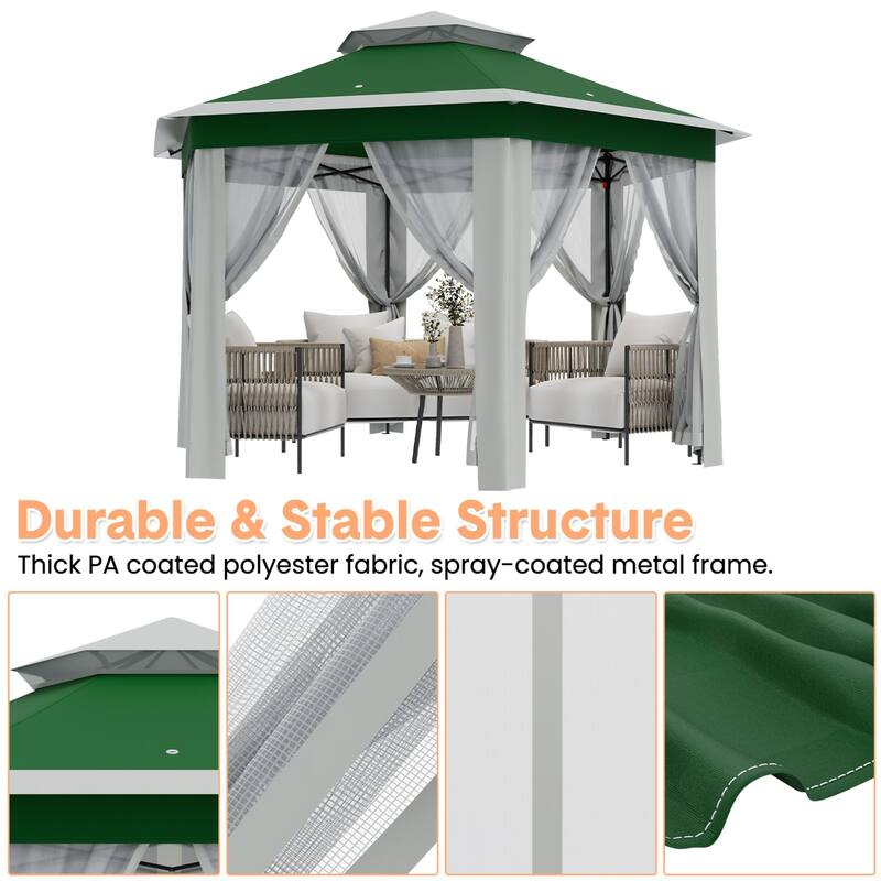 Pop Up Gazebo, Hexagonal Canopy Shelter with 6 Zippered Mesh Netting, Event Tent with Strong Steel Frame