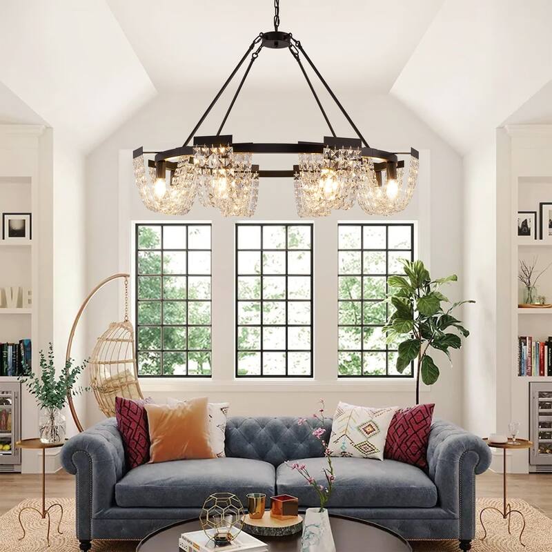 Modern 8-Light Wagon Wheel Chandelier with Crystal Decor