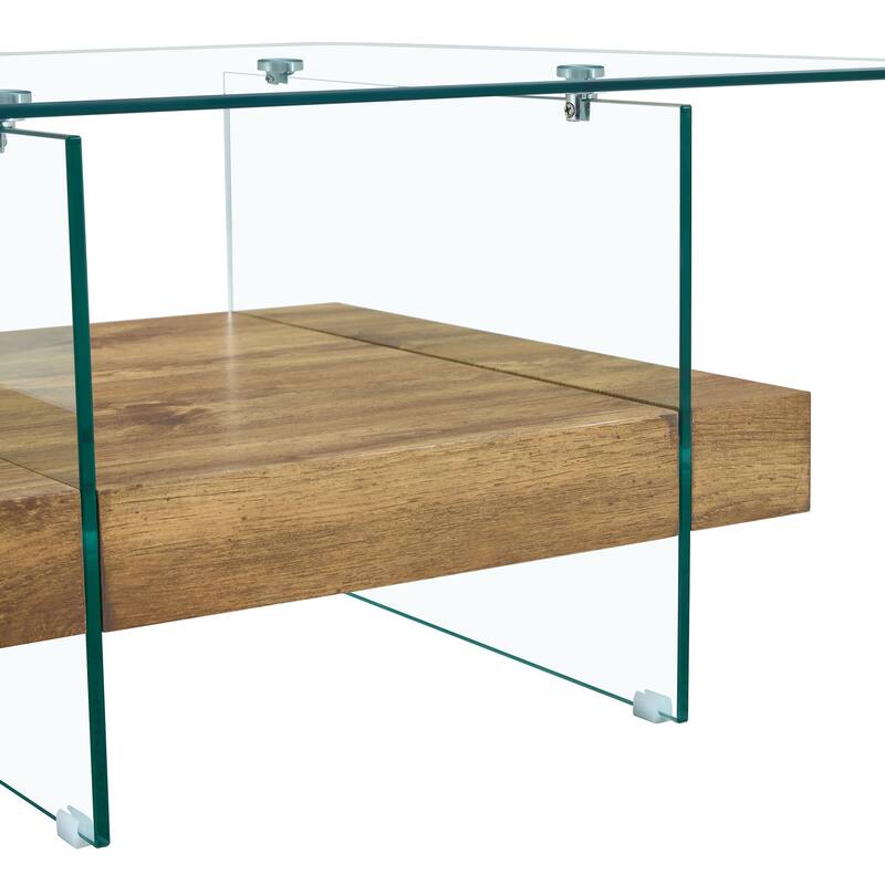 Modern Two-Tier Square Coffee Table -Elegant Combination Of Glass And Wood Texture Sticker