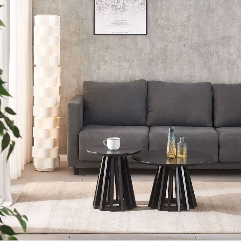 Black Mid-Century Round Nesting Side Coffee Table Set of 2 Modern Wood - 24x14 16x17