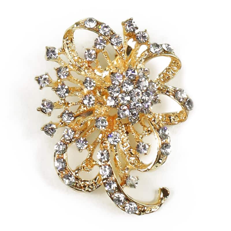 Set of 2 Gold Floral Crystal Rhinestone Brooch Pin Decorative Accent Piece 1.75in - 1.75" H x 2.25" W x 0.75" DP