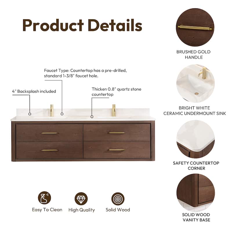 Cristo Floating Bath Vanity with White Quartz Stone Top without Mirror