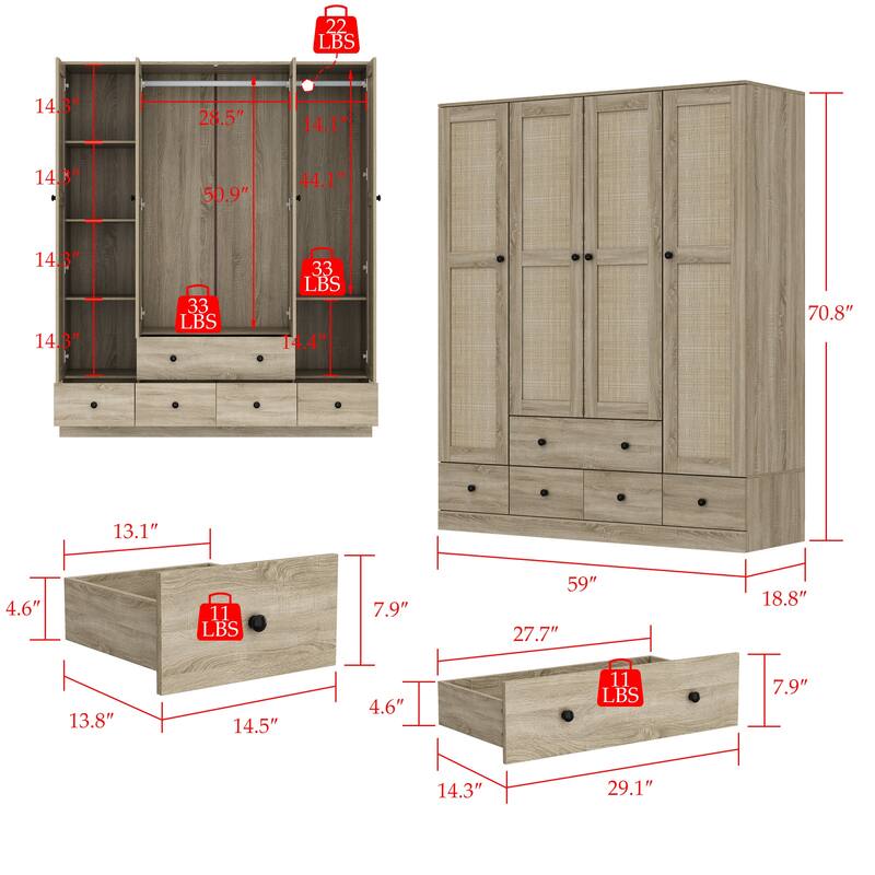 Natural Charm Wooden Armoire - Breathable Rattan Design Ample Storage