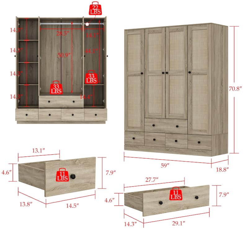 Wardrobe Armoire Closet 59"W Large Freestanding Wardrobe Cabinet White