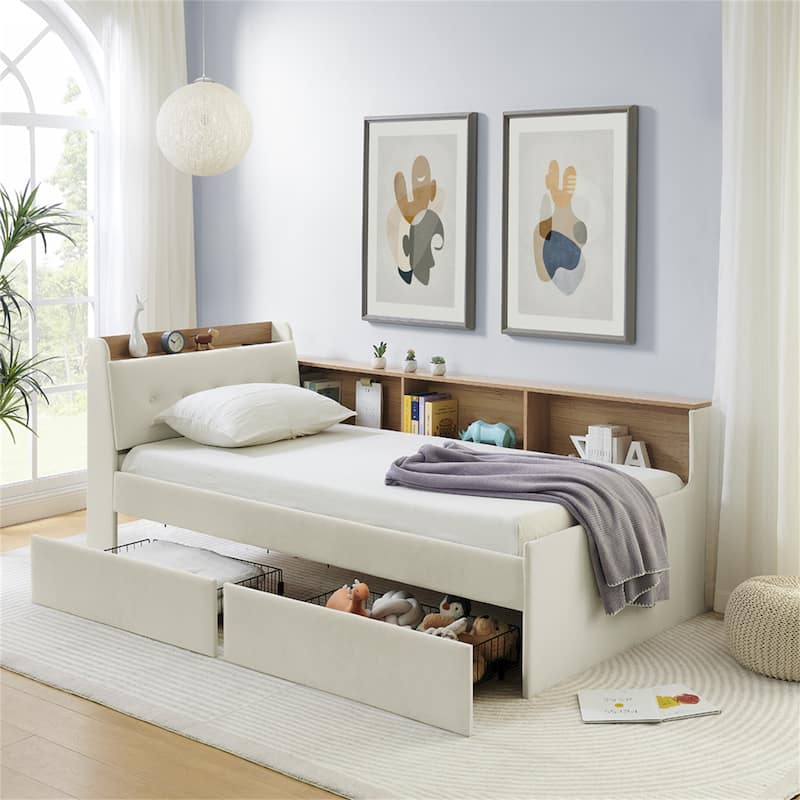 Twin Size Velvet Daybed with Wireless Charging Headboard