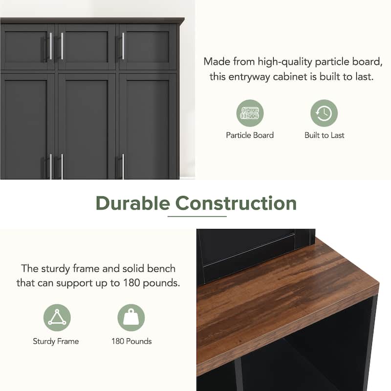 Hall Tree Storage Cabinet with 4 Hidden Hooks, Bench, and Open Compartments