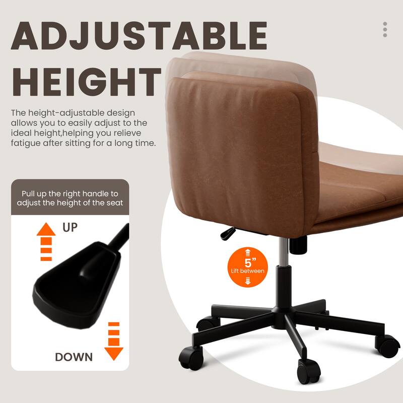PU Leather Armless Office Chair, Adujustable Height, 360 Degree Swivel Task Chair with Ultra uiet Casters Design