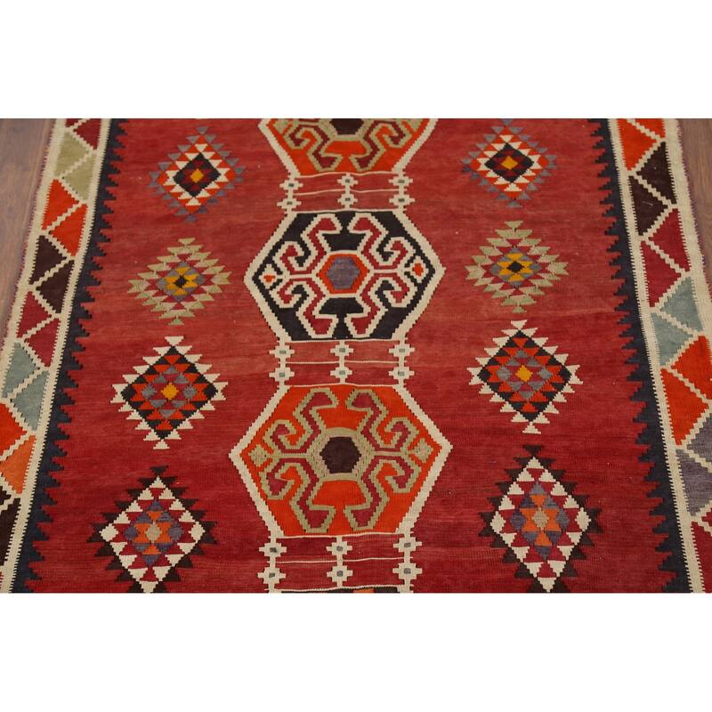 Kilim Qashqai Persian Vintage Rug Hand-Knotted Red Wool Carpet - 4'2"x 7'11"