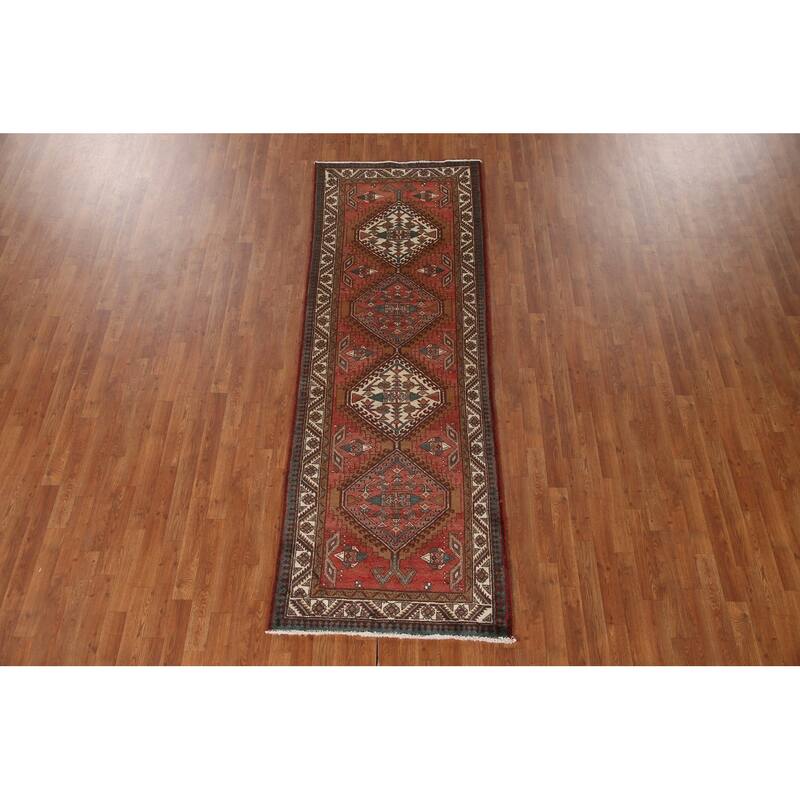 Red Ardebil Persian Vintage Runner Rug Handmade Hallway Wool Carpet - 3'3"x 9'3"