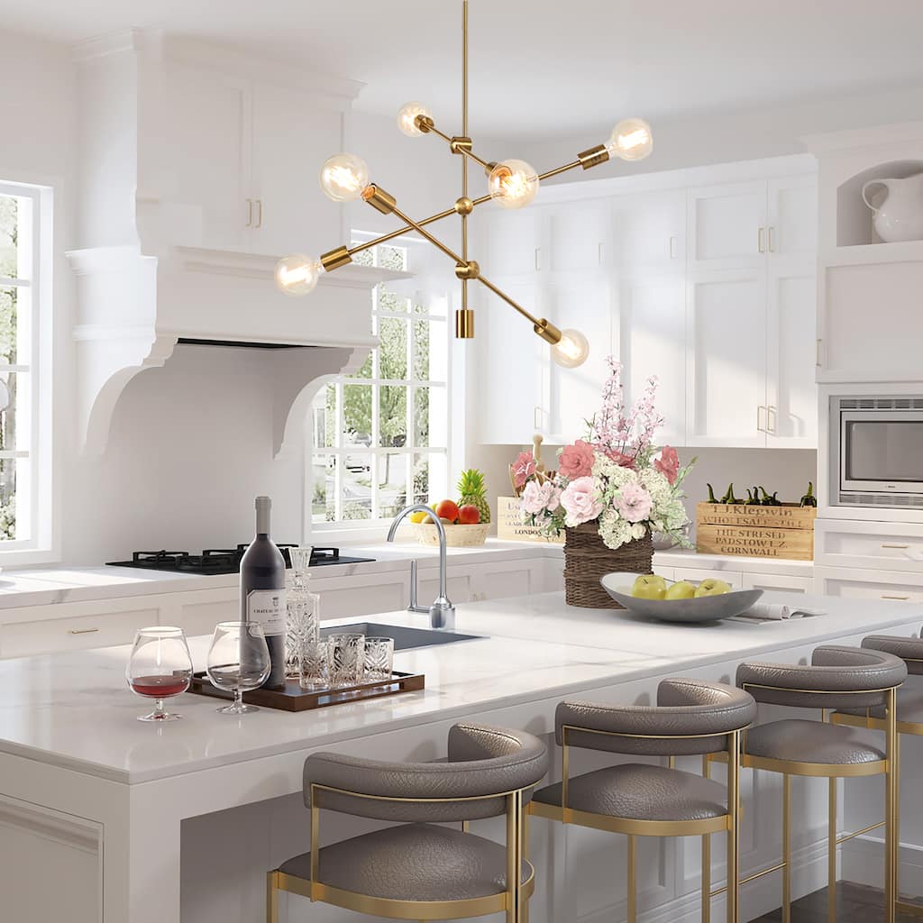 Mid-century Modern Brass Gold Pendants 6-light Sputnik Ceiling Lighting for Kitchen Island - Brass Gold - D26"x H38.5"