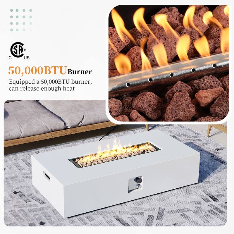 UPHA 56-Inch Rectangular Iron Propane Outdoor Fire Pit Table includes Tank Cover, Lid and Rain Cover in White