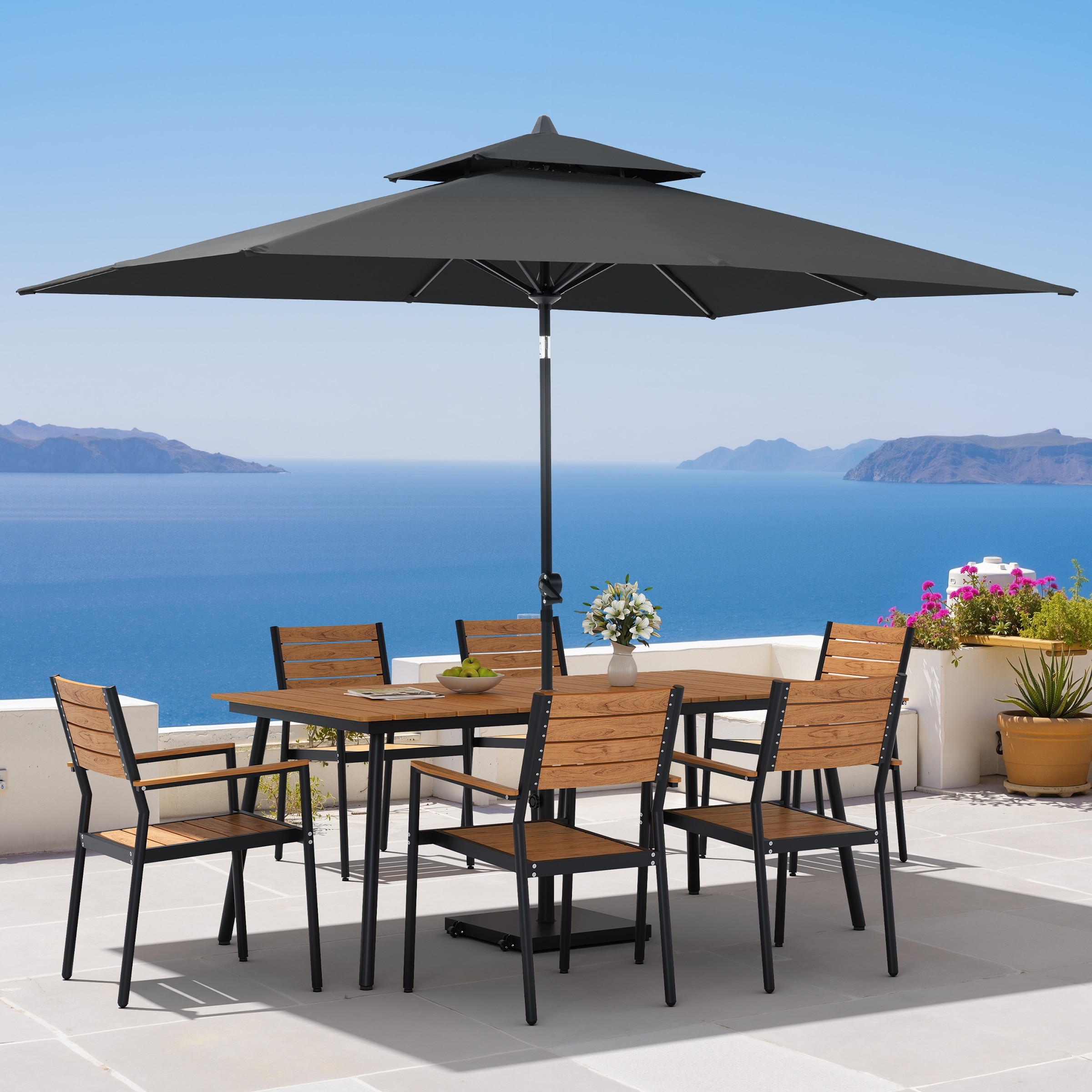9PC Outdoor Patio Dining Set Wood-Like Aluminum Table with Stackable Armchairs,Double Top Market Umbrella and Wheel Base