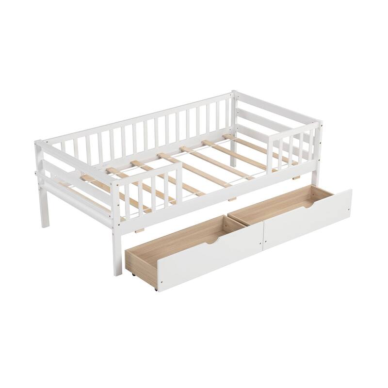 Twin Daybed with Fence and Storage Drawers Kids Bed - White