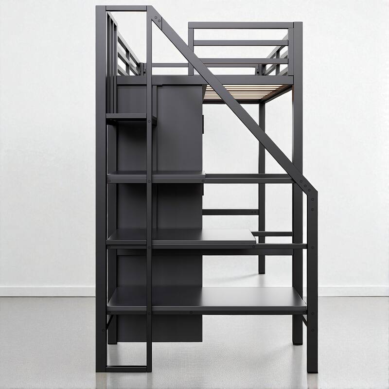 Metal Twin Loft Bed with Desk, Wardrobe, Shelf, and Storage Staircase, No Box Spring Needed