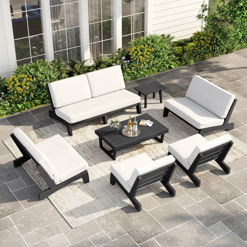 Casual Large Teak Outdoor Patio Conversation Set - Dark Wood - Beige-7 Piece