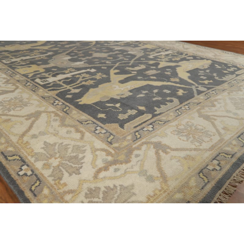 Oushak Indian Area Rug Handmade Floral Grey Wool Carpet - 8'0" x 9'10" - Grey - 8'0" x 9'10"