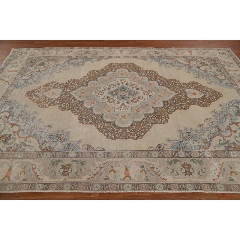 Vintage Medallion Distressed Tabriz Persian Rug Handmade Wool Carpet - 6'6" x 9'6"