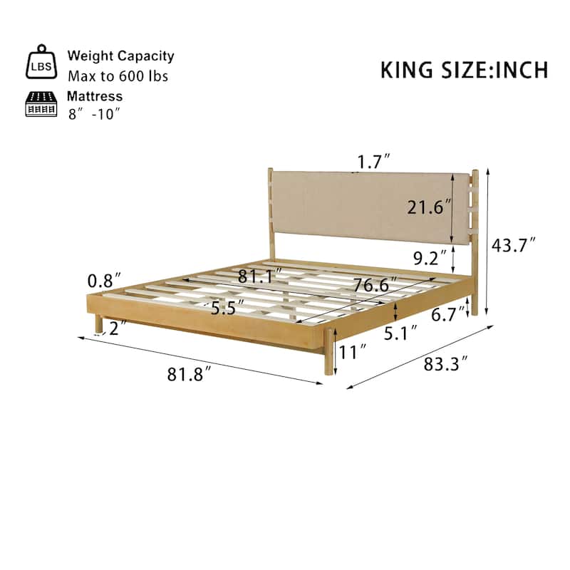 Modern Rubber Wood Platform Bed Frame with Headboard - King/Queen Size, Solid Wood Support, Mid Century Design, Easy Assembly