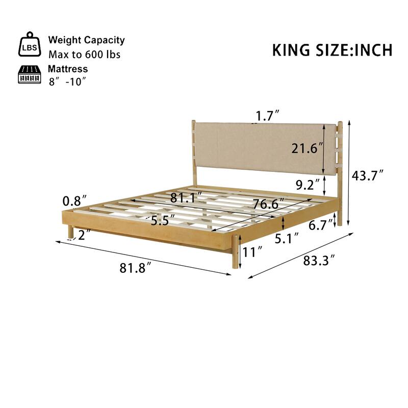Premium Rubber Wood Platform Bed Frame, King Bed Frame with Headboard Included, Mid Century Modern Bed