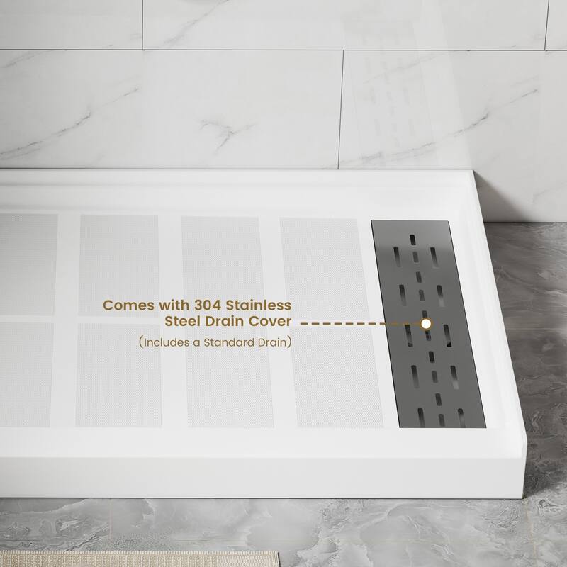 SMC Alcove Single Threshold Shower Pan Base, S/S Drain Cover Included, cUPC Certified, Slip-Resistant