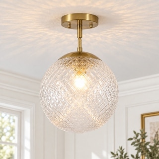 Rennnsan 1-Light Modern Clear Grid Glass Semi Flush Mount Ceiling Light for Bedroom and Hallway - 9.8" W x 15" H