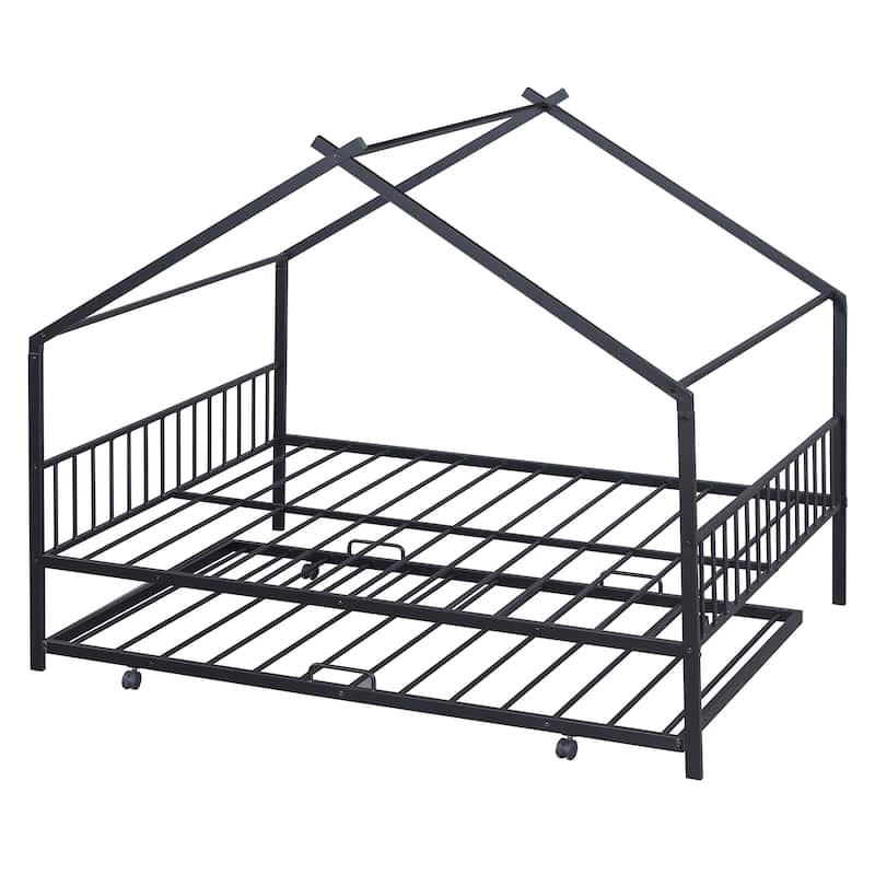 Full Size Metal House Bed with Twin Size Trundle