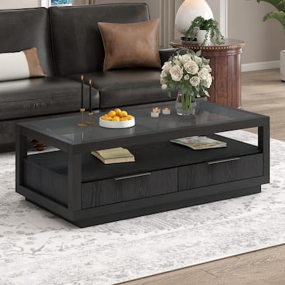 Coffee Table with Transparent Tempered Glass and 2 Drawers, Center Table with Open Storage Shelf