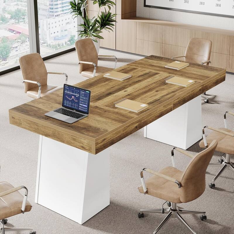 55.1" W Conference Table for 4-6 People, Modern Meeting Table - Brown & White