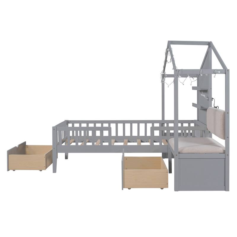 Twin Size House Bed with Upholstered Sofa, House Bed with Charging Station,Gray