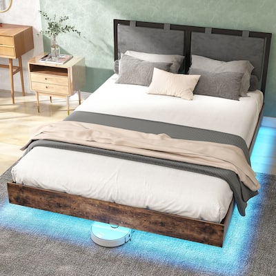 Floating Bed Frame with LED Lights, Hanging Upholstered Headboard No Box Spring Needed,Queen Size