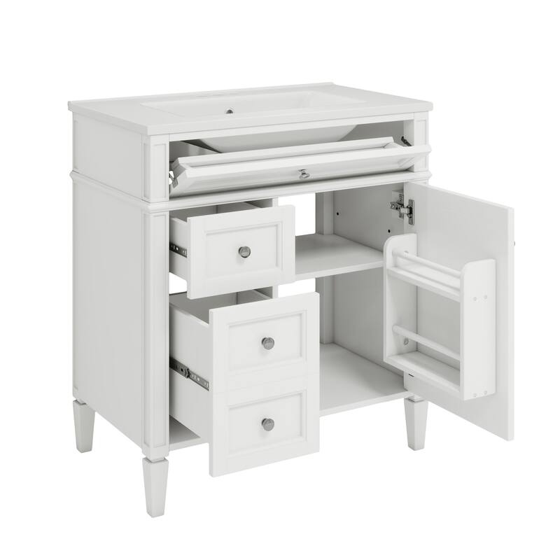 Modern 30" Bathroom Vanity with Ceramic Sink, 2 Drawers & Tip-Out Drawer for Bathroom Storage