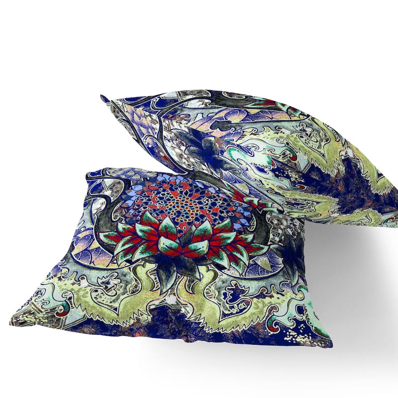 HomeRoots Set of Two 16" X 16" Blue and Green Blown Seam Floral Indoor Outdoor Throw Pillow - 16.00' X '16.00' X '5.00