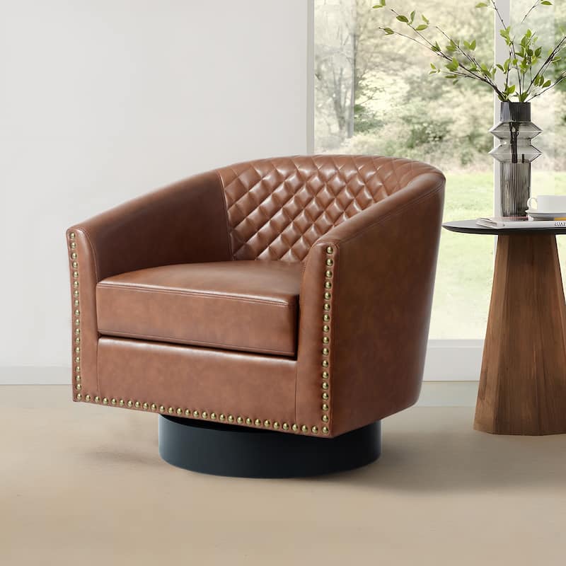 Modern Armchair Faux Leather Nailhead Trim Swivel Accent Chair